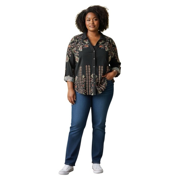 Soft Surroundings XL Black Boho Geometric Button Front Blouse Top - Picture 2 of 9